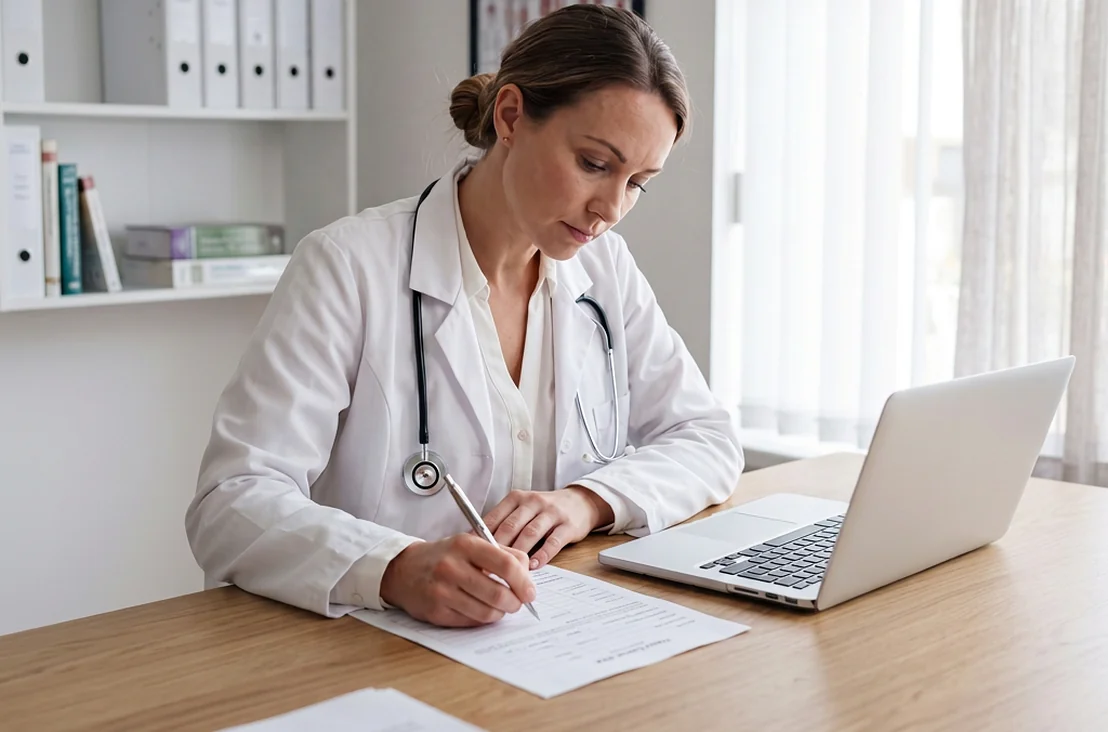 Clinician in a white coat reviewing paperwork at a desk beside a laptop